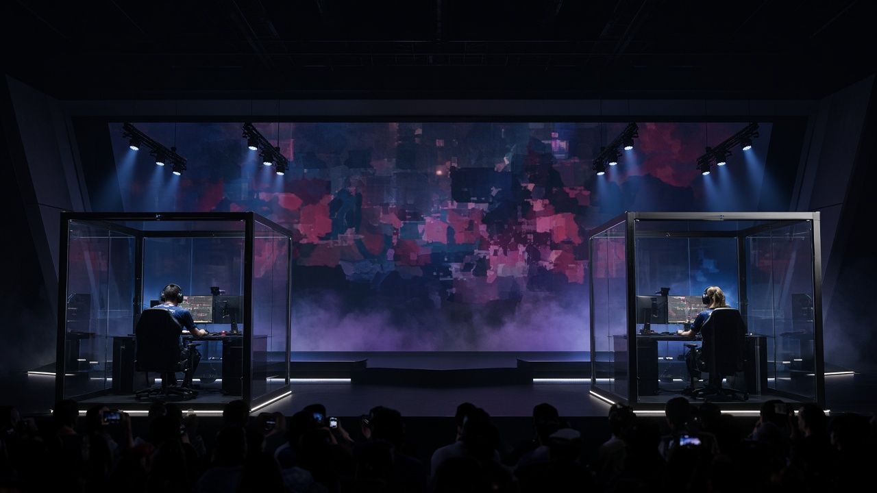 Scène FPS avec deux postes face à un grand écran