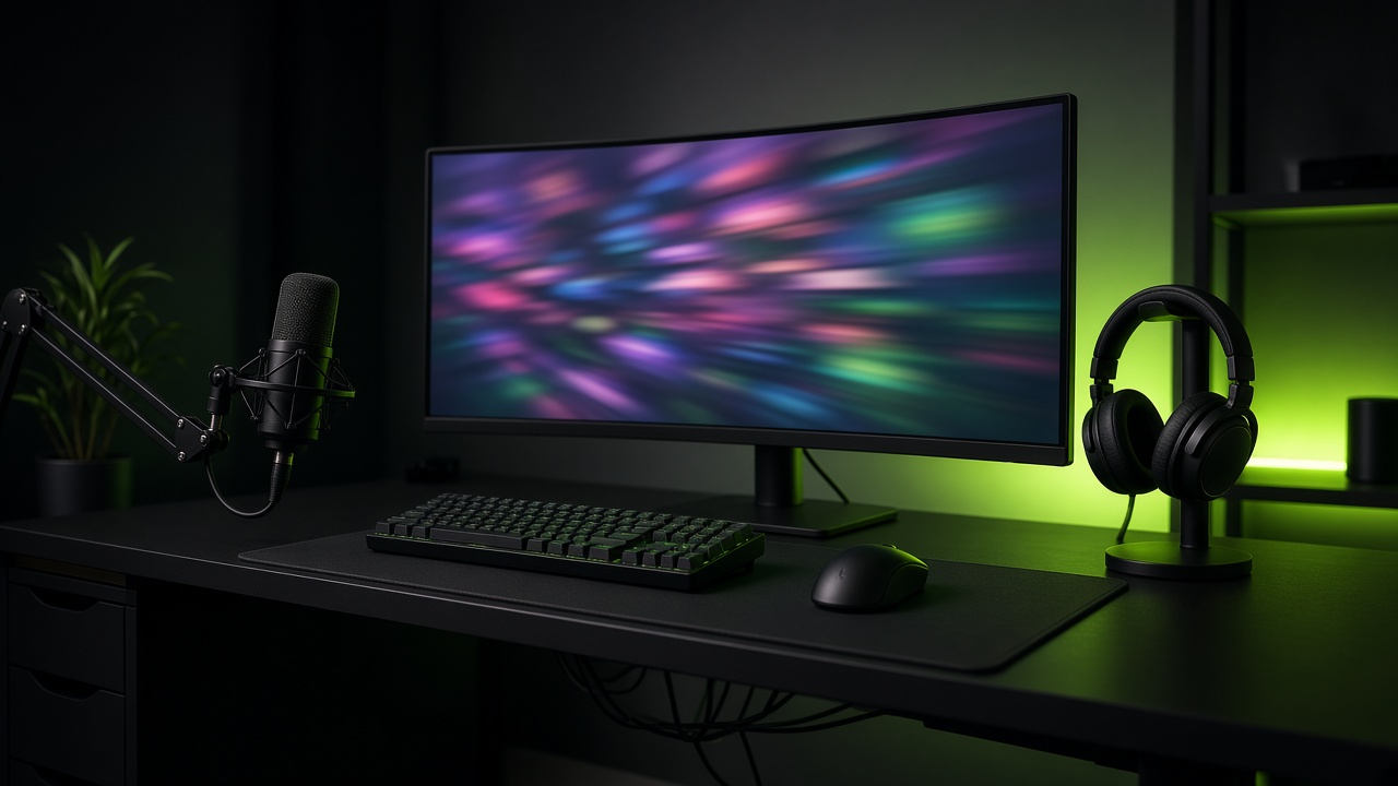 Poste FPS avec écran large, clavier et micro sur bras