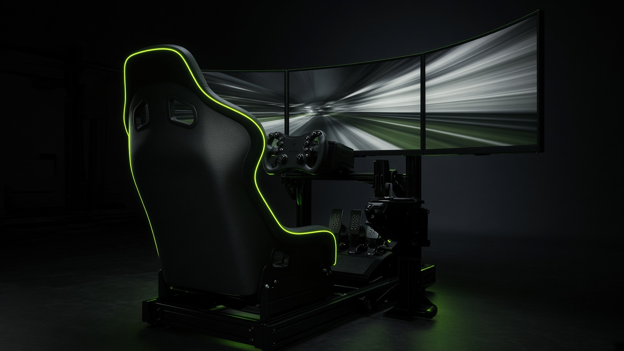 Cockpit de simulation avec volant et écrans triples